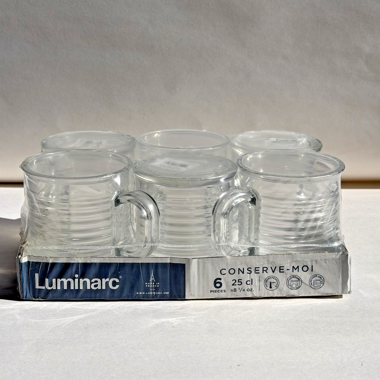 Luminarc L6943 Glass Mugs 8 oz Clear Transparent Set of 6 France New Sealed Box