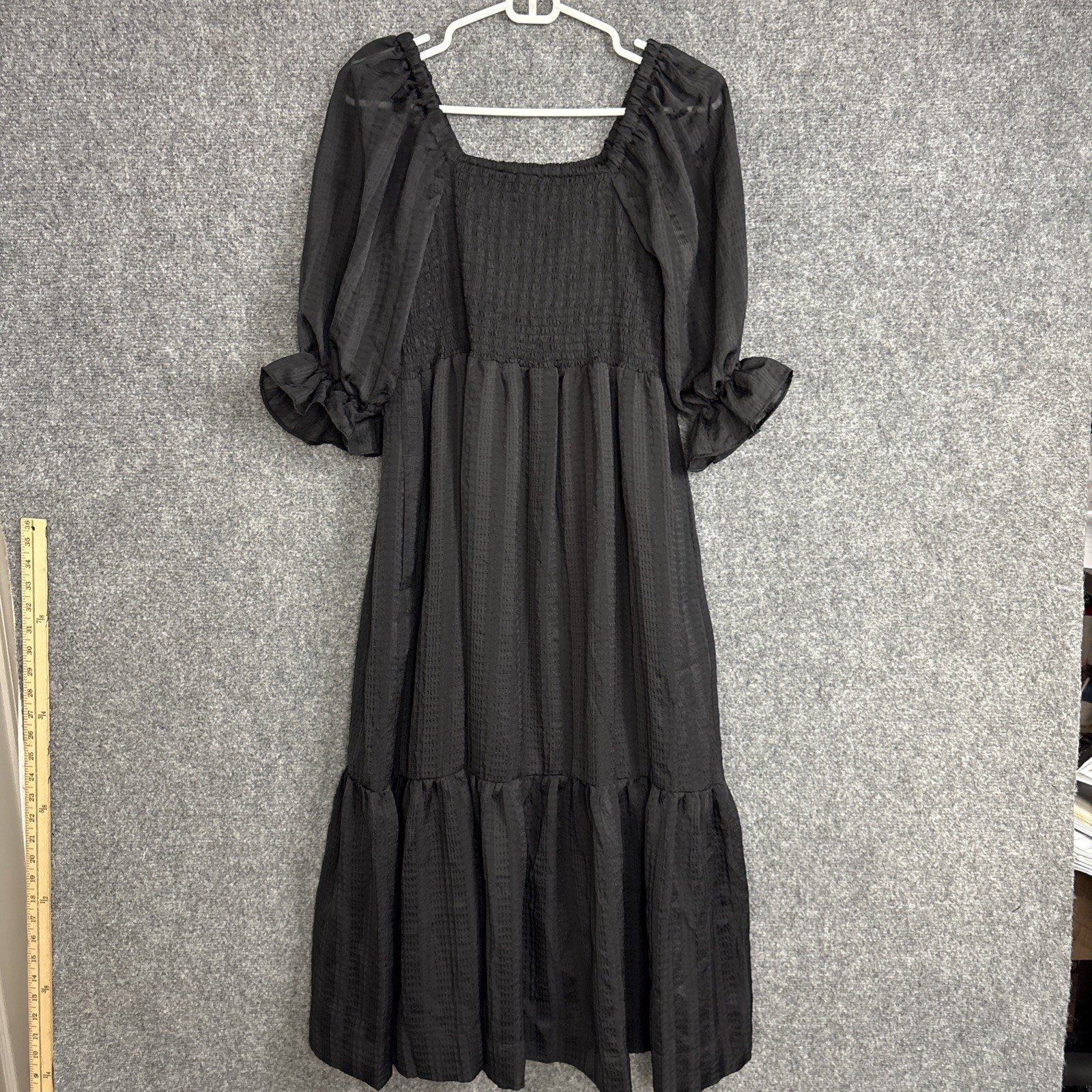 Madewell Lucie  Smocked Midi Dress Womens Size XS Black Puff Sleeves