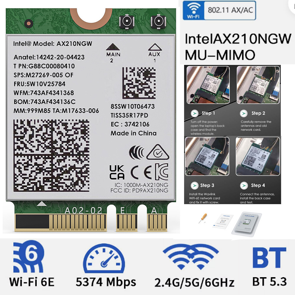 Intel AX210 WiFi Card M.2 WiFi 6E Laptop Bluetooth 5.3 Module NGFF Key-A Key-E