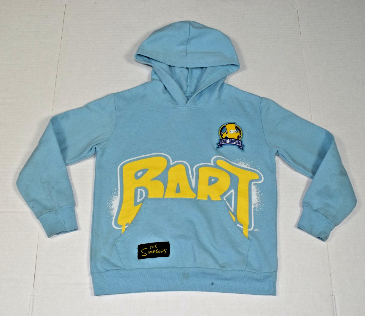 VTG Kids The Simpsons by Freeze Hoodie Size 8 90s Bart Simpson Lite Blue Stained