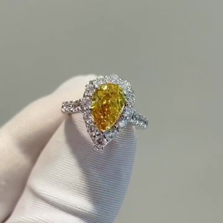 3ct Pear Cut Yellow Halo Lab Grown Diamond Engagement Ring 18K Gold Pave Ring