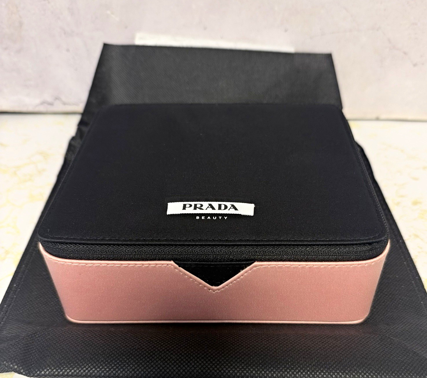 PRADA Beauty Zipper Makeup Case Bag Black/Pink Paradoxe Pouch 7.2” X 6” X 2.4”