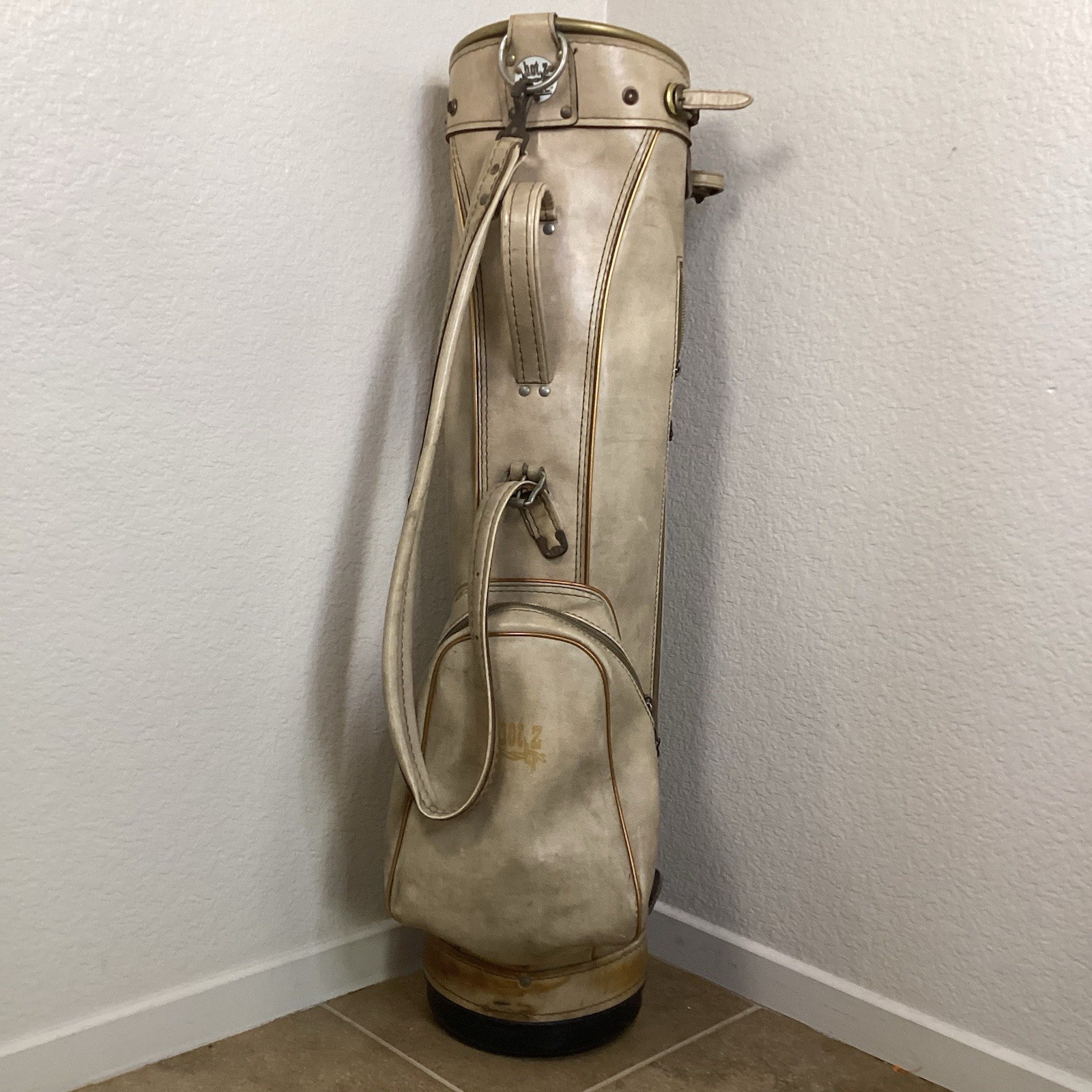 Vintage Hot-Z Leather Tan Beige Golf Bag Cart Vinyl Man Cave Decor