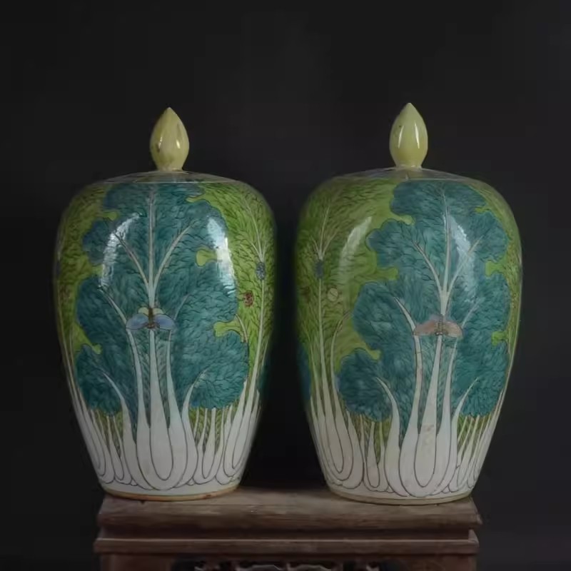 A pair Chinese Qing Kangxi Famille Rose Porcelain Cabbage Pattern Pot 7.9\ A pair Chinese Qing Kangxi Famille Rose Porcelain Cabbage Pattern Pot 7.9\