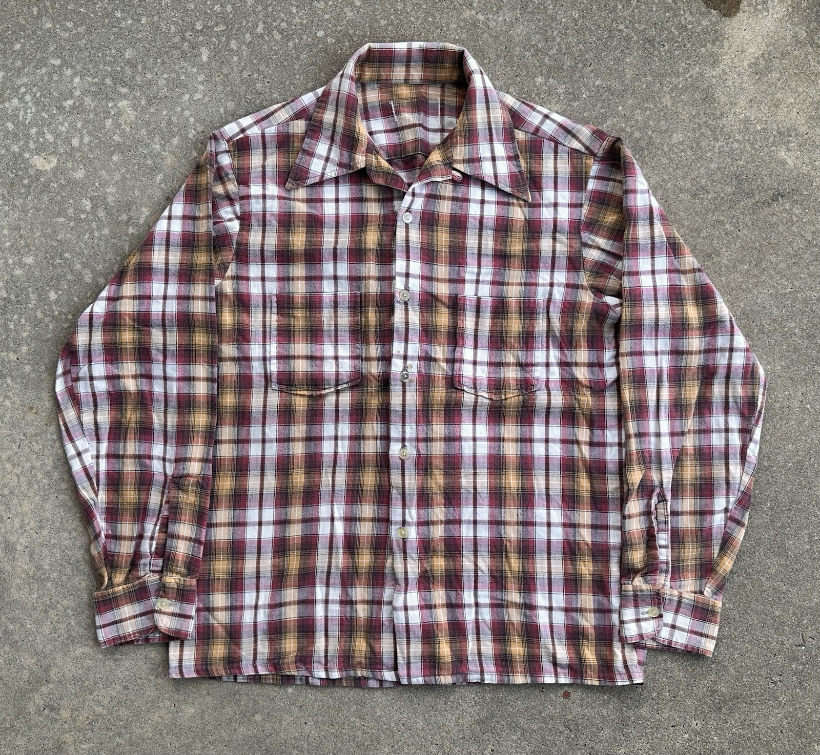 Vintage 50s 60s Plaid Loop Collar Button Shirt Size M Rockabilly Shadow