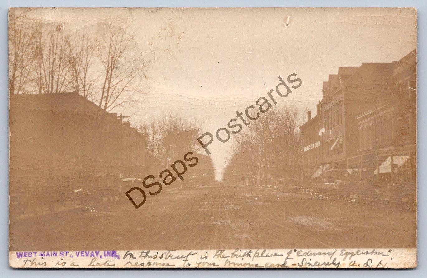 K54/ Vevay Indiana RPPC Postcard c1910 West Main Street Stores 486
