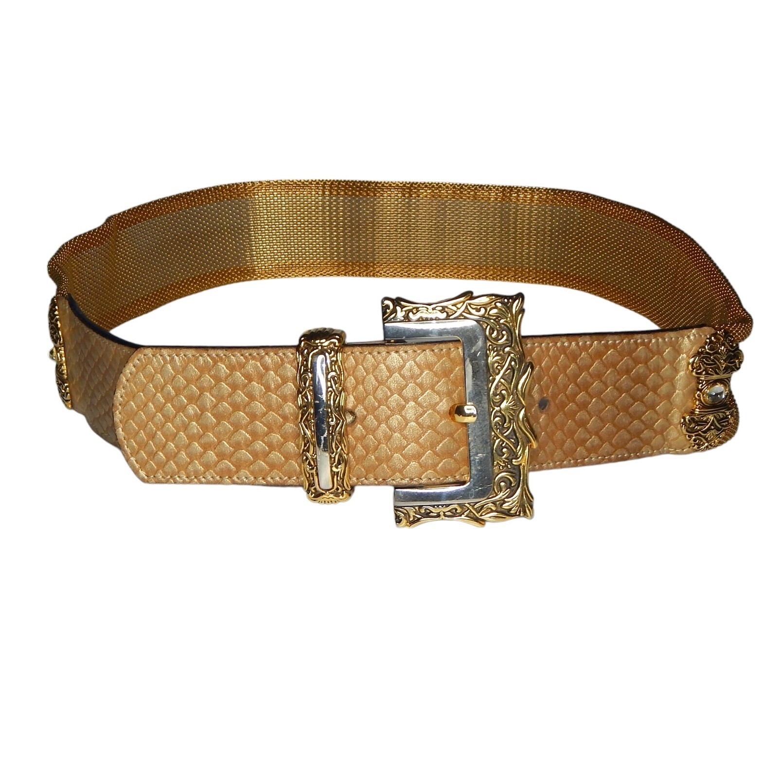 B.B. Simon XL Gold Leather Mesh Wide Belt Ornate Western Buckle Glam B.B. Simon XL Gold Leather Mesh Wide Belt Ornate Western Buckle Glam