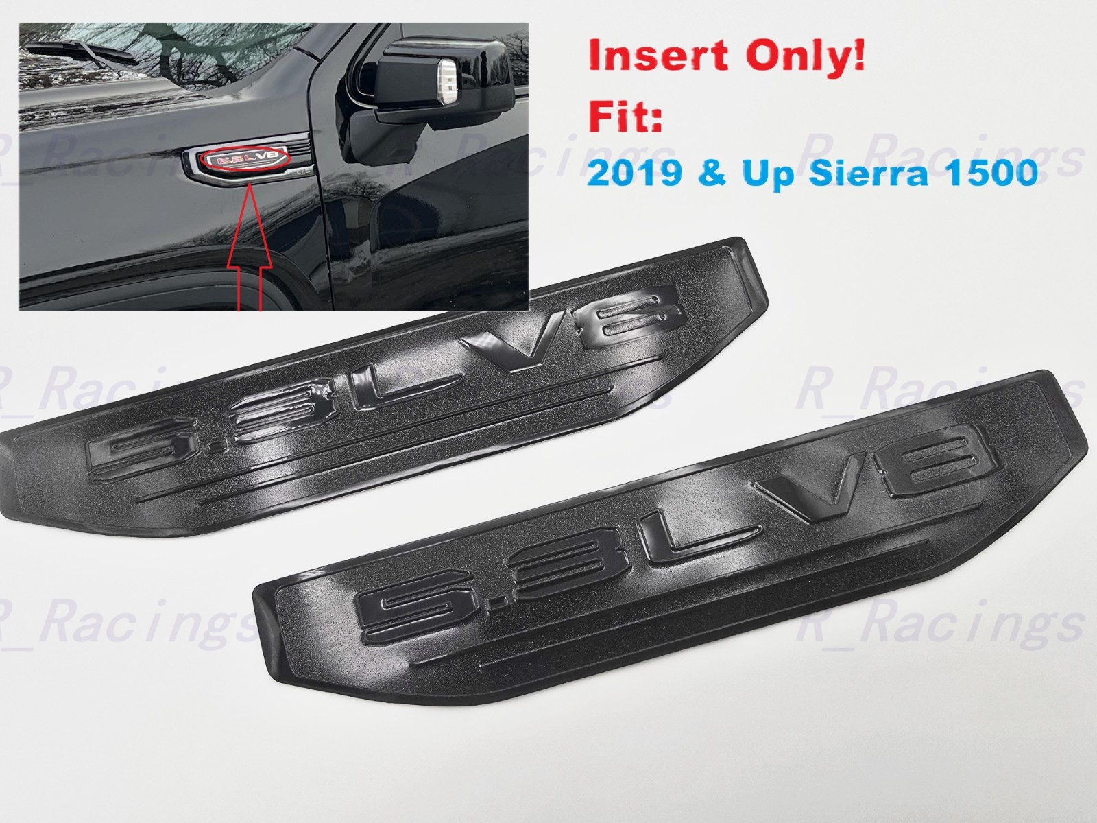 Pair Gloss Black 5.3L V8 Insert Emblems 2019 & Up Sierra 1500 Fender Vent Pair Gloss Black 5.3L V8 Insert Emblems 2019 & Up Sierra 1500 Fender Vent