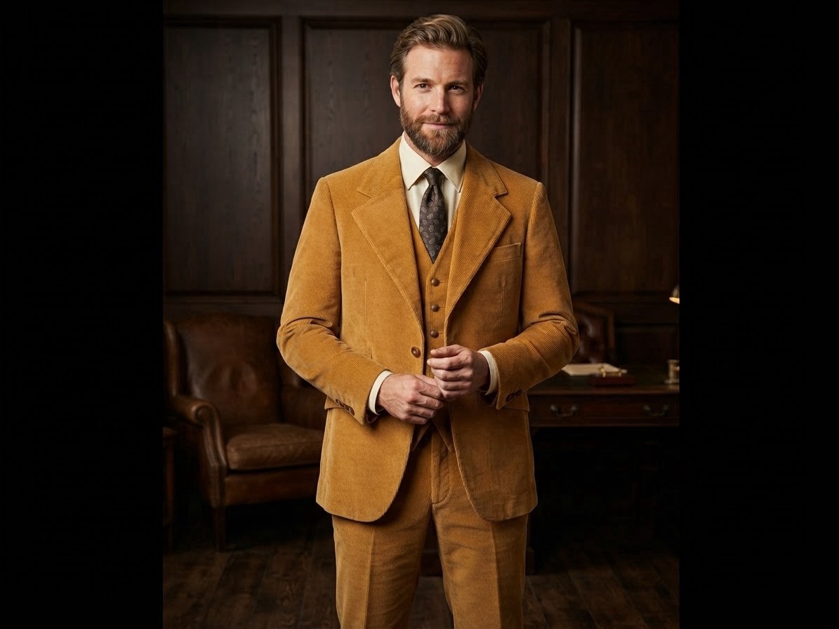 Scotts Grey Ltd 70s Men\'s Tan Corduroy 3-Piece Suit 40R Two-Button Notch Lined