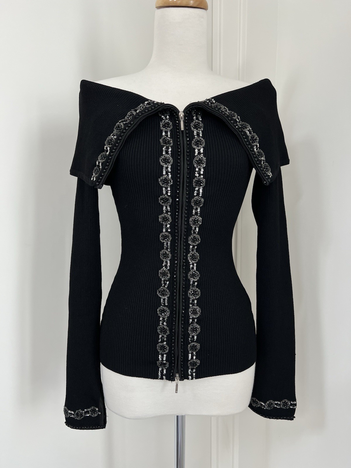 VTG Y2K 90s Black Gabrielle Solis Cache Off Shoulder Beaded Zip Up Sweater Sz. M