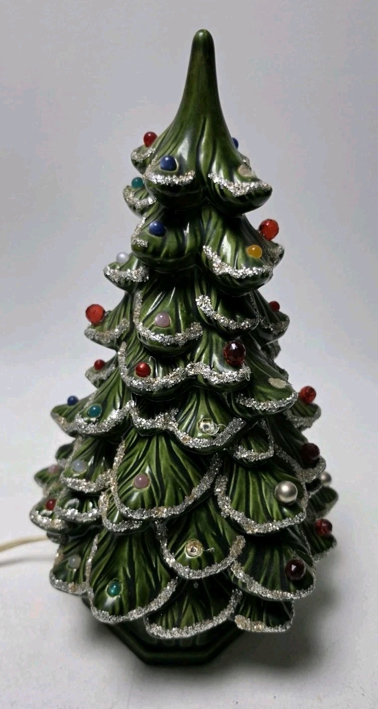 Vintage Holland Mold Ceramic Christmas Tree Lighted Snow Flocked Green 11\