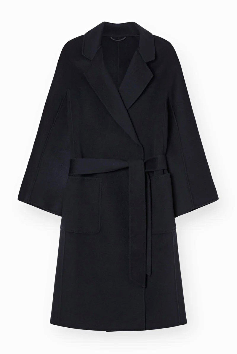 The Curated classic coat Black Wool Cashmere Wrap Coat Long Belted Tie Pockets