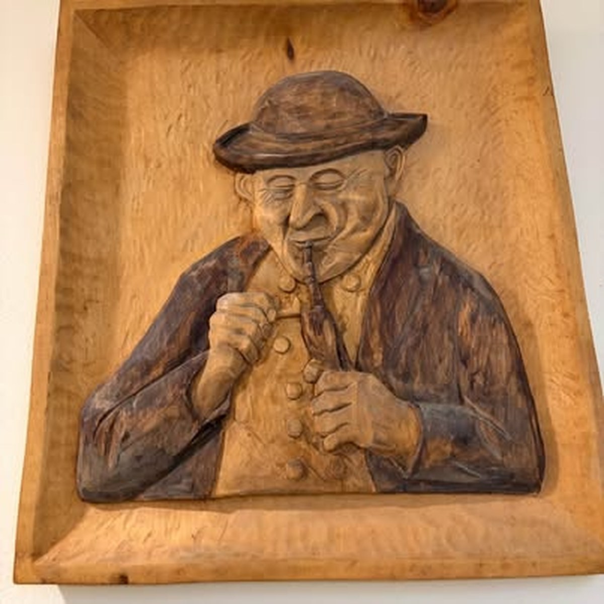 Vintage Hand-Carved Wood Relief Plaque - Man Smoking Pipe