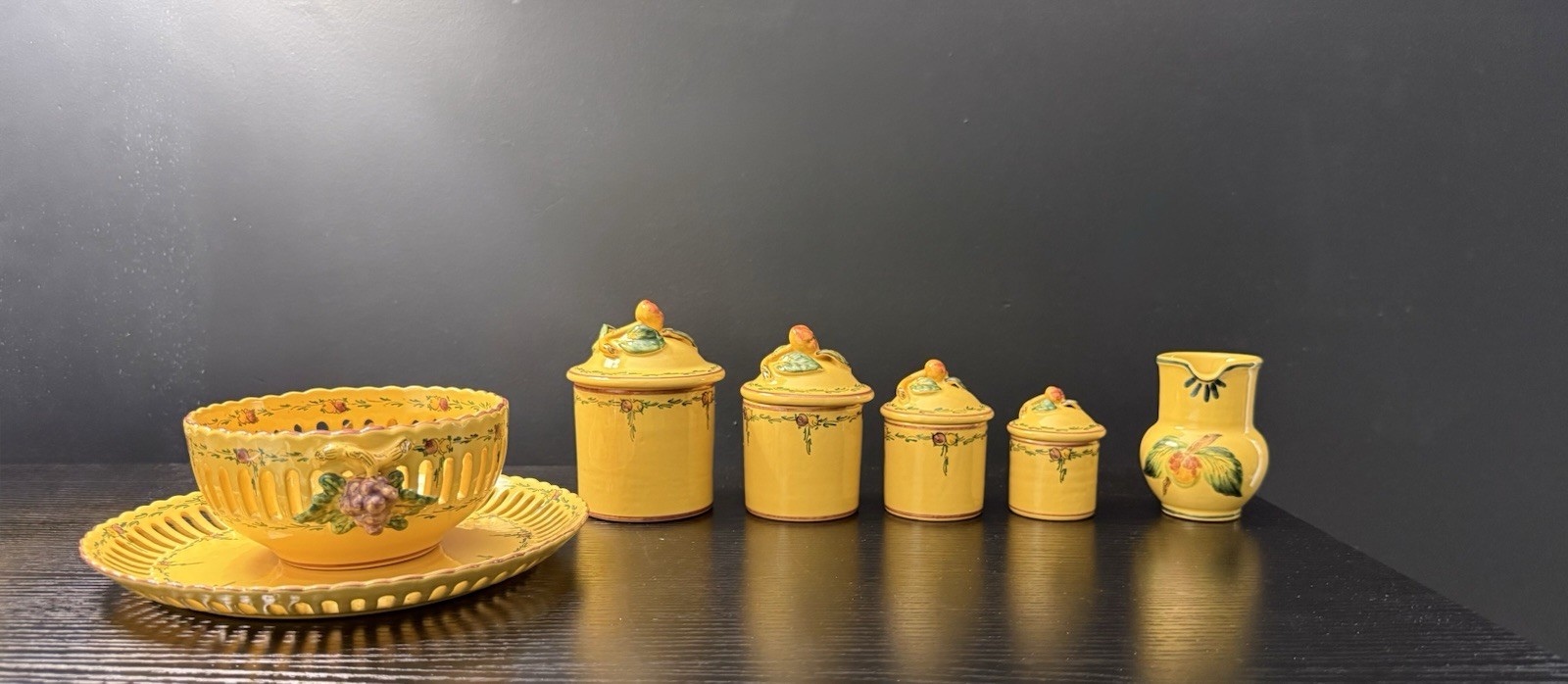 Vintage French Faience Set-4 Spice Jars, Reticulated Bowl-Creamer-FAM Malicorne