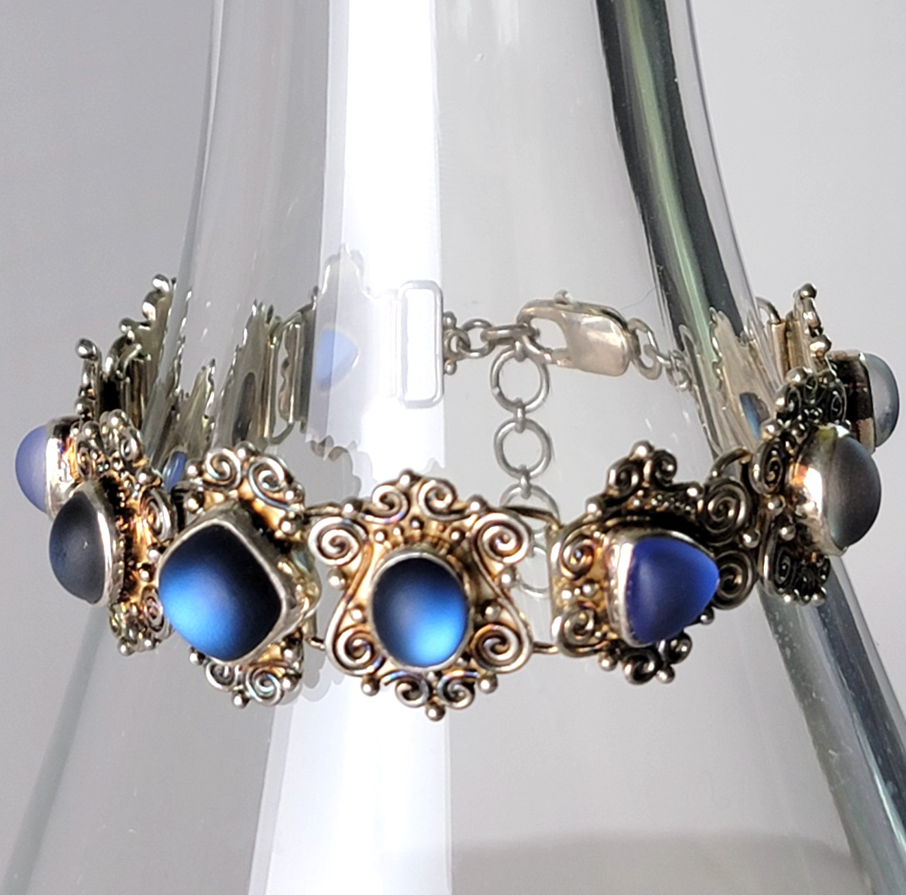 Vintage Sajen 925 Sterling Silver Titanium Blue Glass Link Bracelet 39g Adj Vintage Sajen 925 Sterling Silver Titanium Blue Glass Link Bracelet 39g Adj