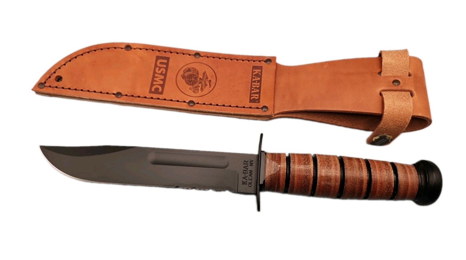 NEW KA-BAR 1218 USMC 7 Inch 1095 Serrated Survival Knife Leather Sheath USA