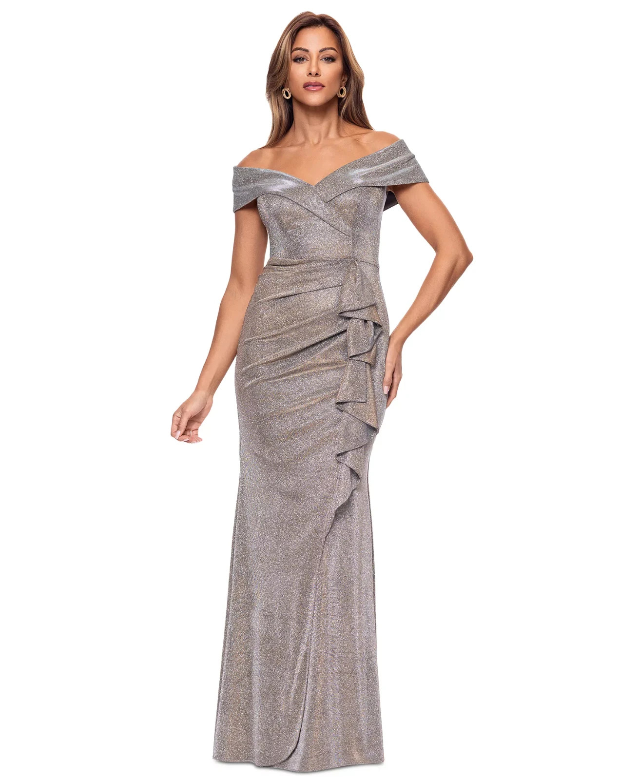 Xscape Sand Cascade Ruffle Detail Off the Shoulder Metallic Gown Size 16P $279 Xscape Sand Cascade Ruffle Detail Off the Shoulder Metallic Gown Size 16P $279