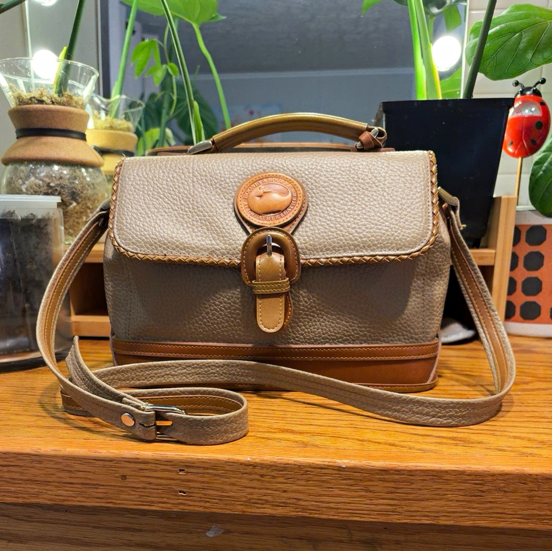 Vintage Dooney & Bourke AWL Buckle Flap Satchel Taupe British Tan Crossbody