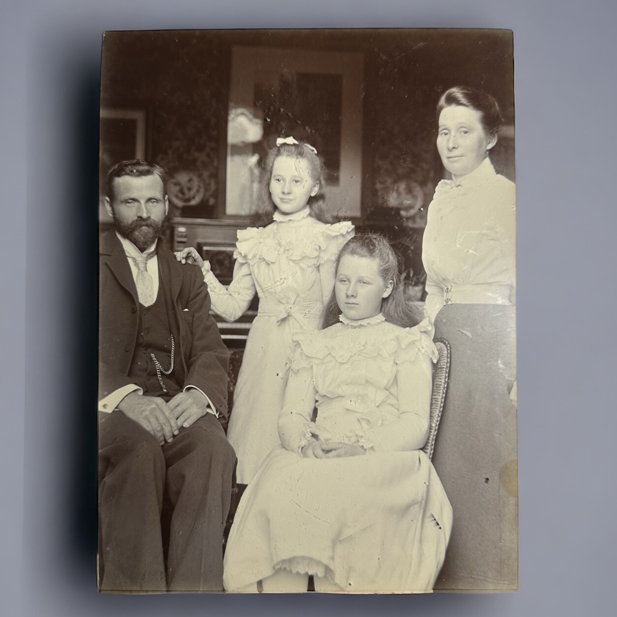 1870’s Original Large Photo From England Victorian Family 2 Girls 2 Adults