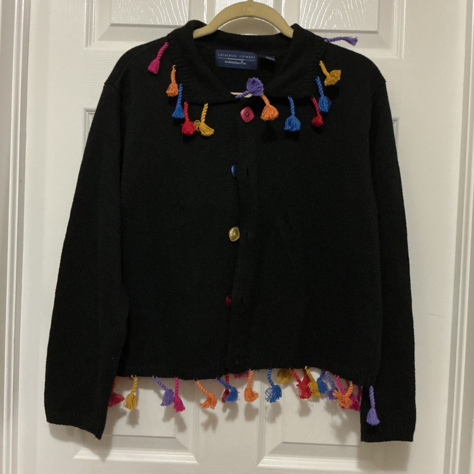 Catherine Stewart BELLEPOINTE black Cardigan SWEATER XL Colorful Tassels Catherine Stewart BELLEPOINTE black Cardigan SWEATER XL Colorful Tassels