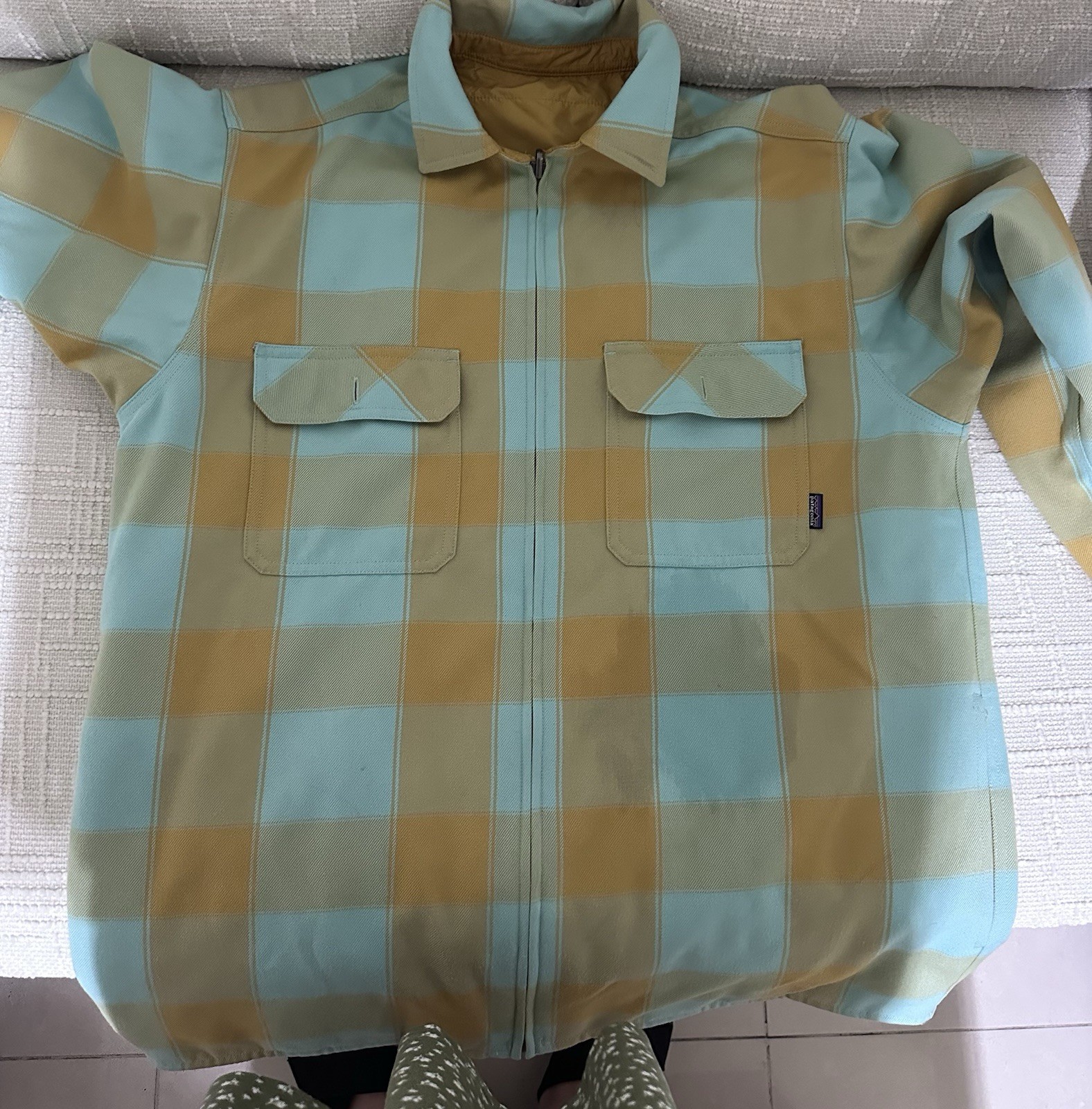 Patagonia Reversible Flannel Jacket Rare Yellow With Blue Plaid Puffer Size L