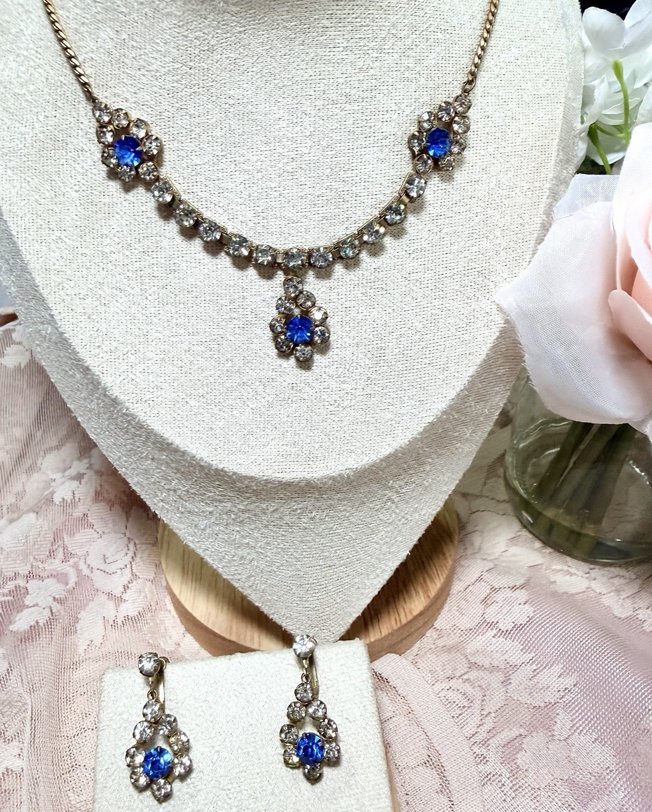 Antique ART DECO Czech Style Blue Rhinestone Necklace Earring Set Brass Unfoiled