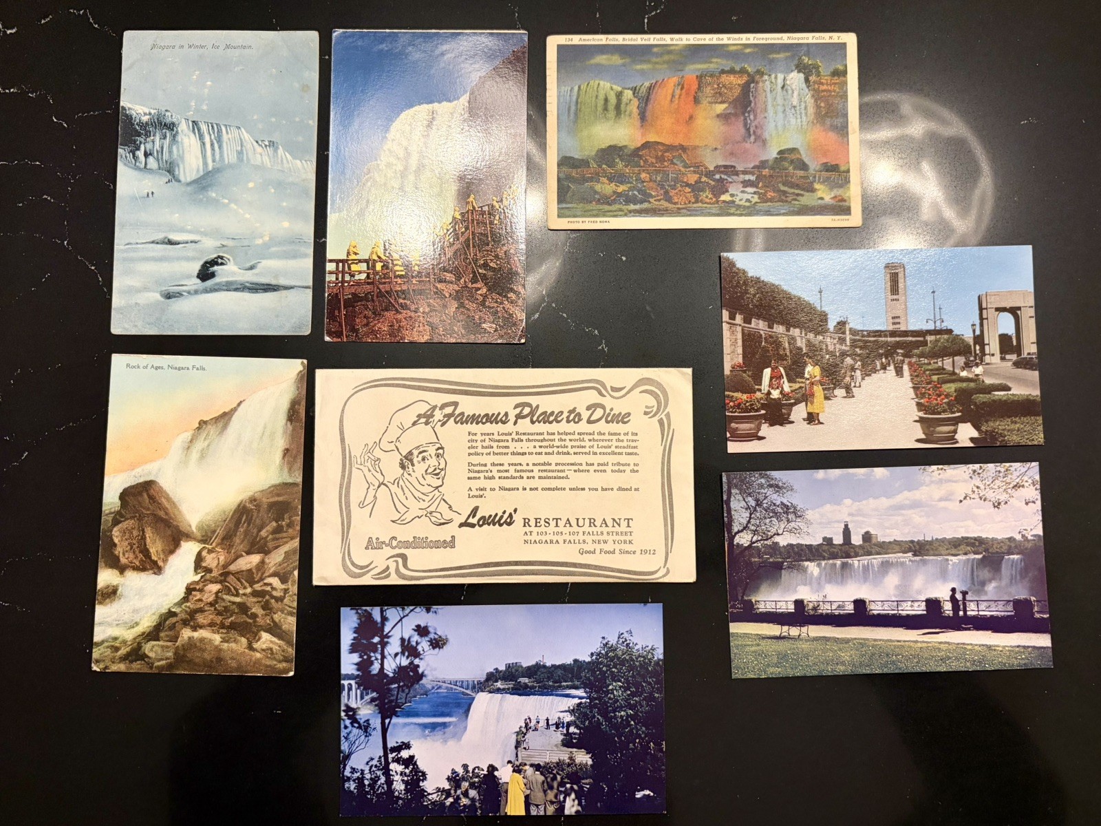 Vintage Niagara Falls Postcard Lot 7 + Louis Restaurant Ad Curt Teich Ice Falls