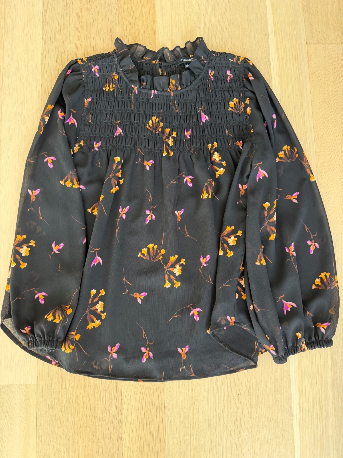 Madewell Women\'s S Smocked Mockneck Long Sheer Balloon Sleeve Floral Print Black