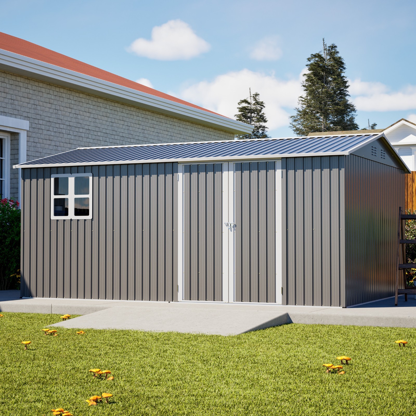 14x10 FT Large Outdoor Storage Shed with Floor Base, Ventilated, for Mower Bike