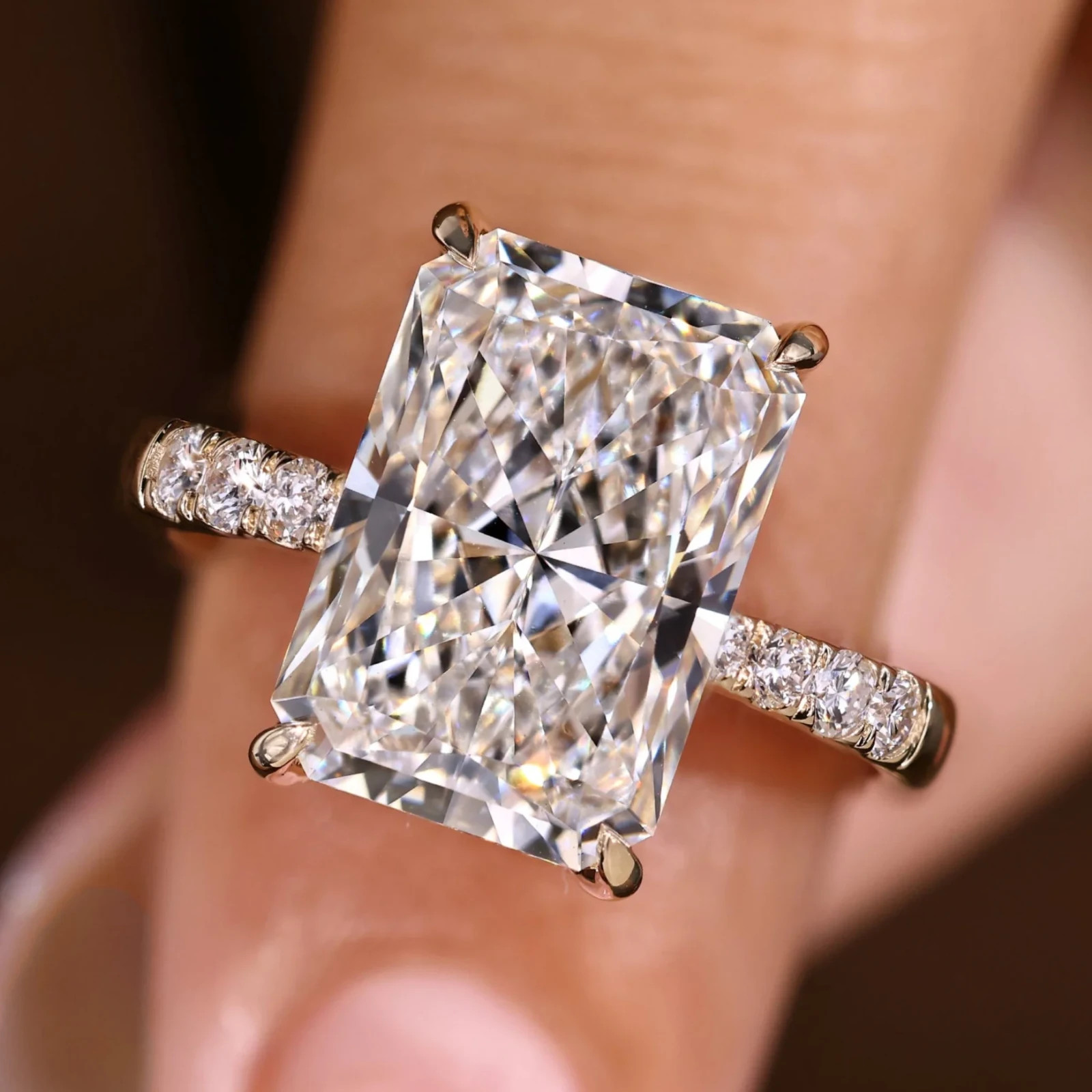 5.00 Carat Radiant Cut Big Moissanite Engagement Ring in 14K Yellow Gold Plated