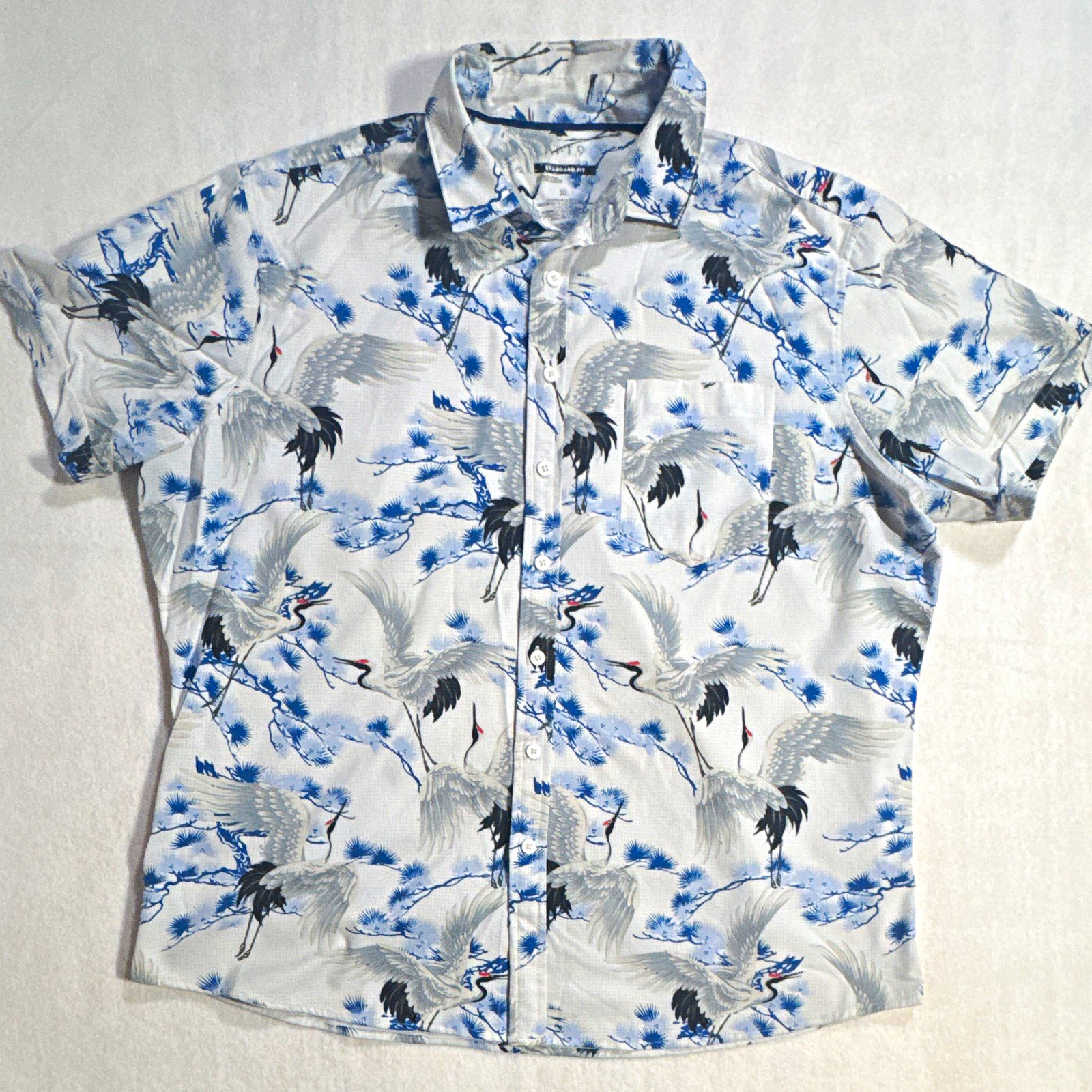 Apt. 9 Men’s XL White Blue Bird Graphic Print Woven SS Button-Up Point Collar