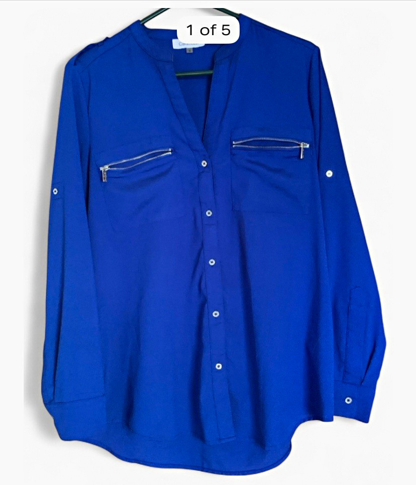 Calvin Klein Solid royal Blue Long Sleeve Button-Front Blouse Womens Size S