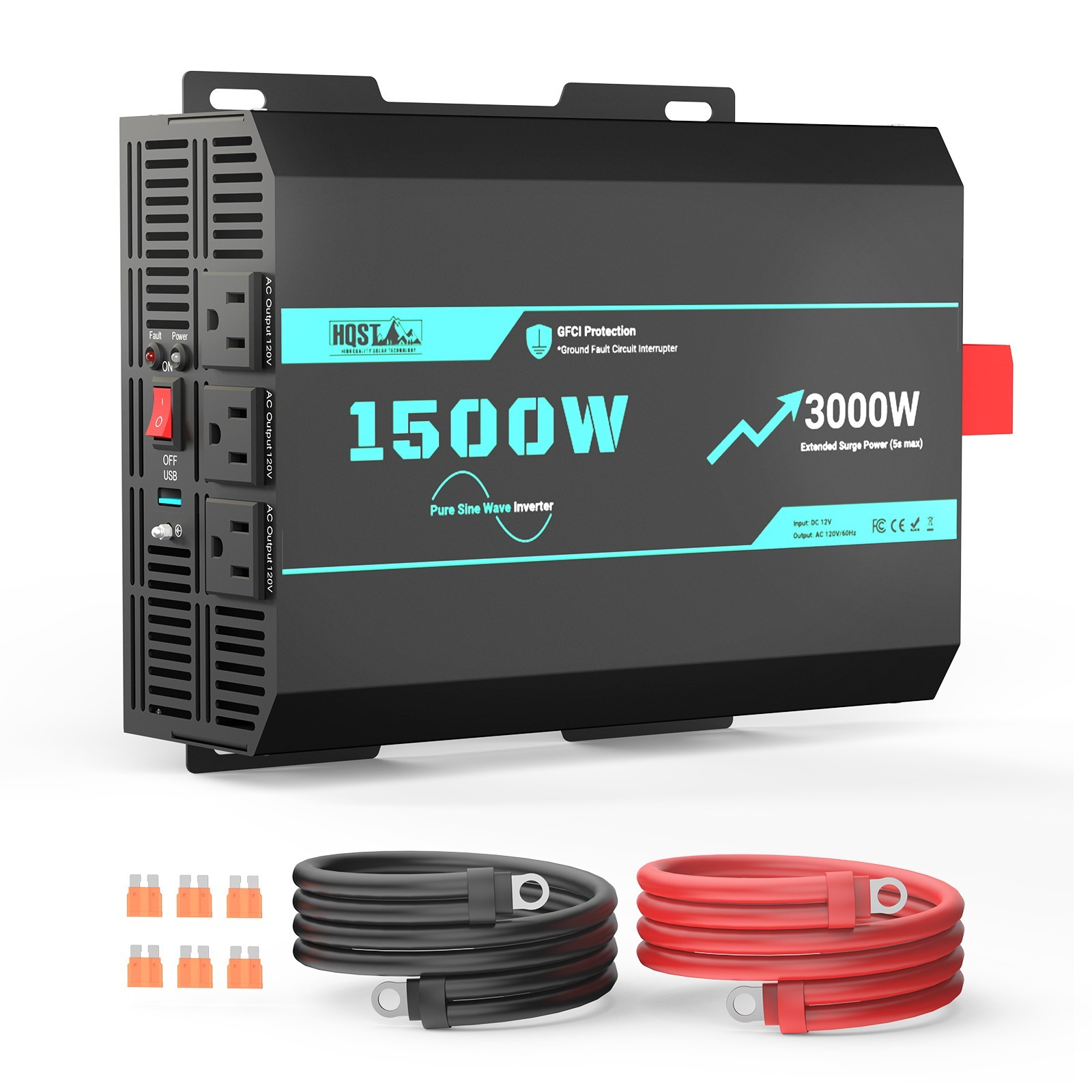 HQST 1500W Pure Sine Wave Inverter 12V to 120V with 3000W Surge & GFCI Protectio HQST 1500W Pure Sine Wave Inverter 12V to 120V with 3000W Surge & GFCI Protectio