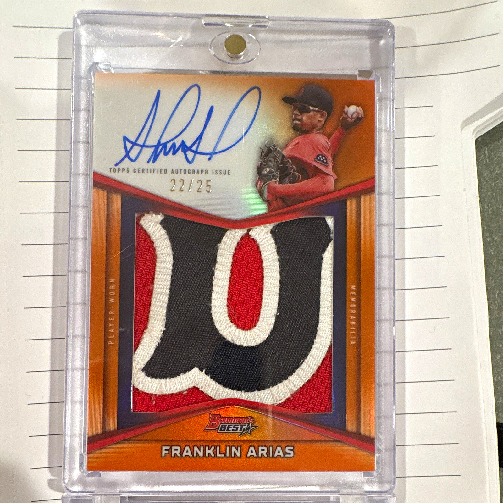 Topps 2025 Bowman\'s Best Franklin Arias PPA-FA Patch Auto RC Orange /25 Red Sox