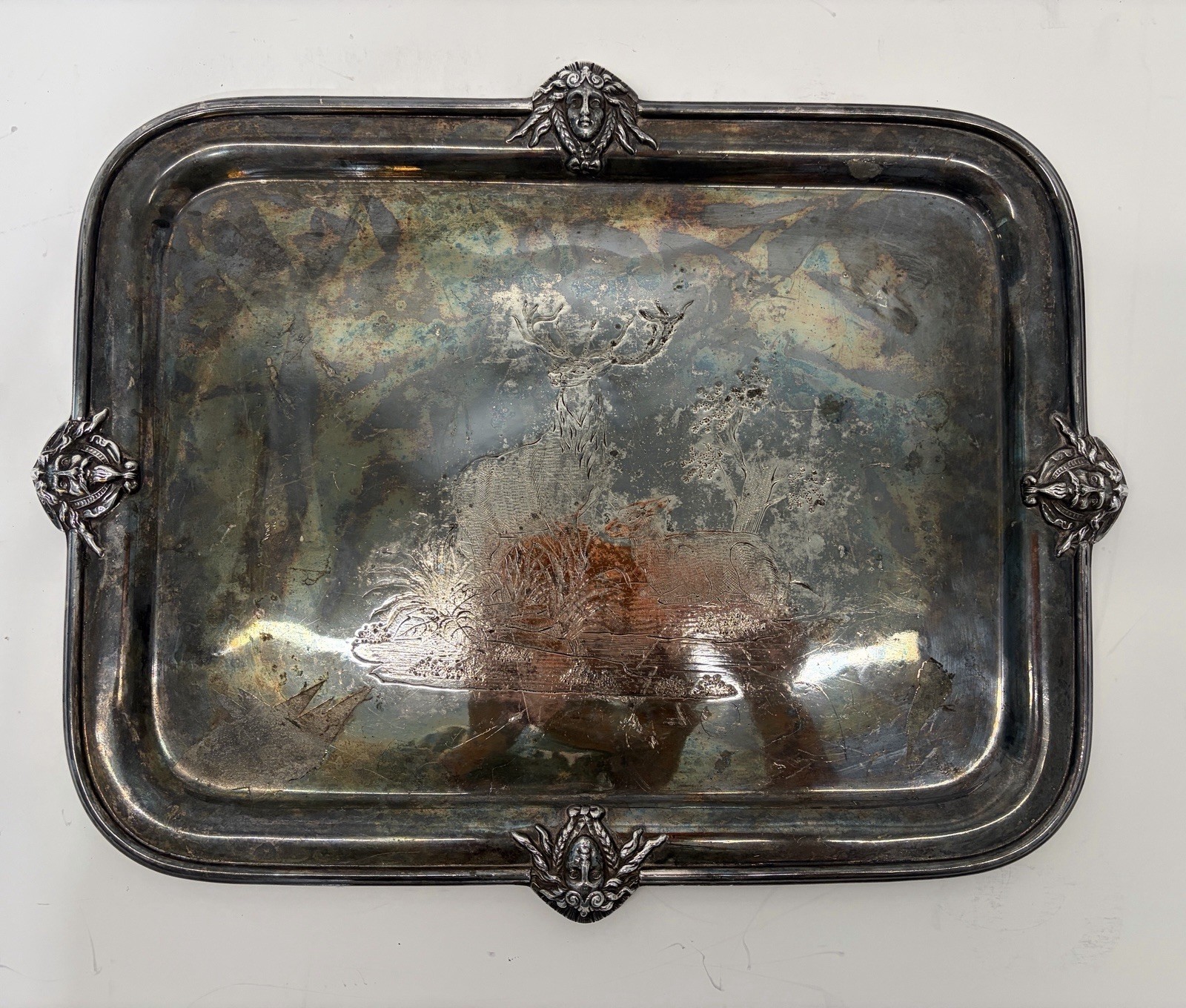 Antique 1880-1890s Wilcox Silver Plate Tray Etched Deer Stag Landscape Mascaron