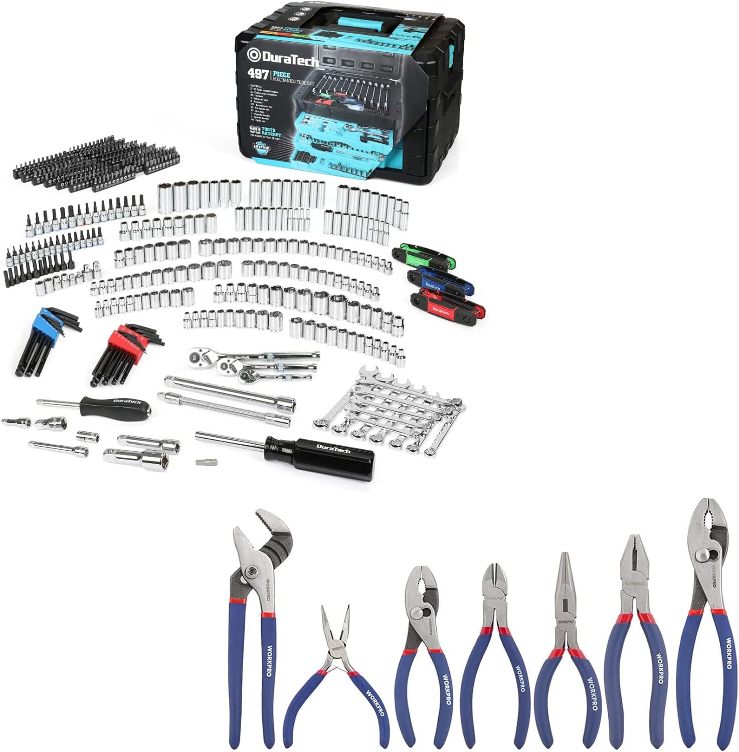 DURATECH 497-Piece Mechanics Tool Set+WORKPRO 7-piece Pliers Set