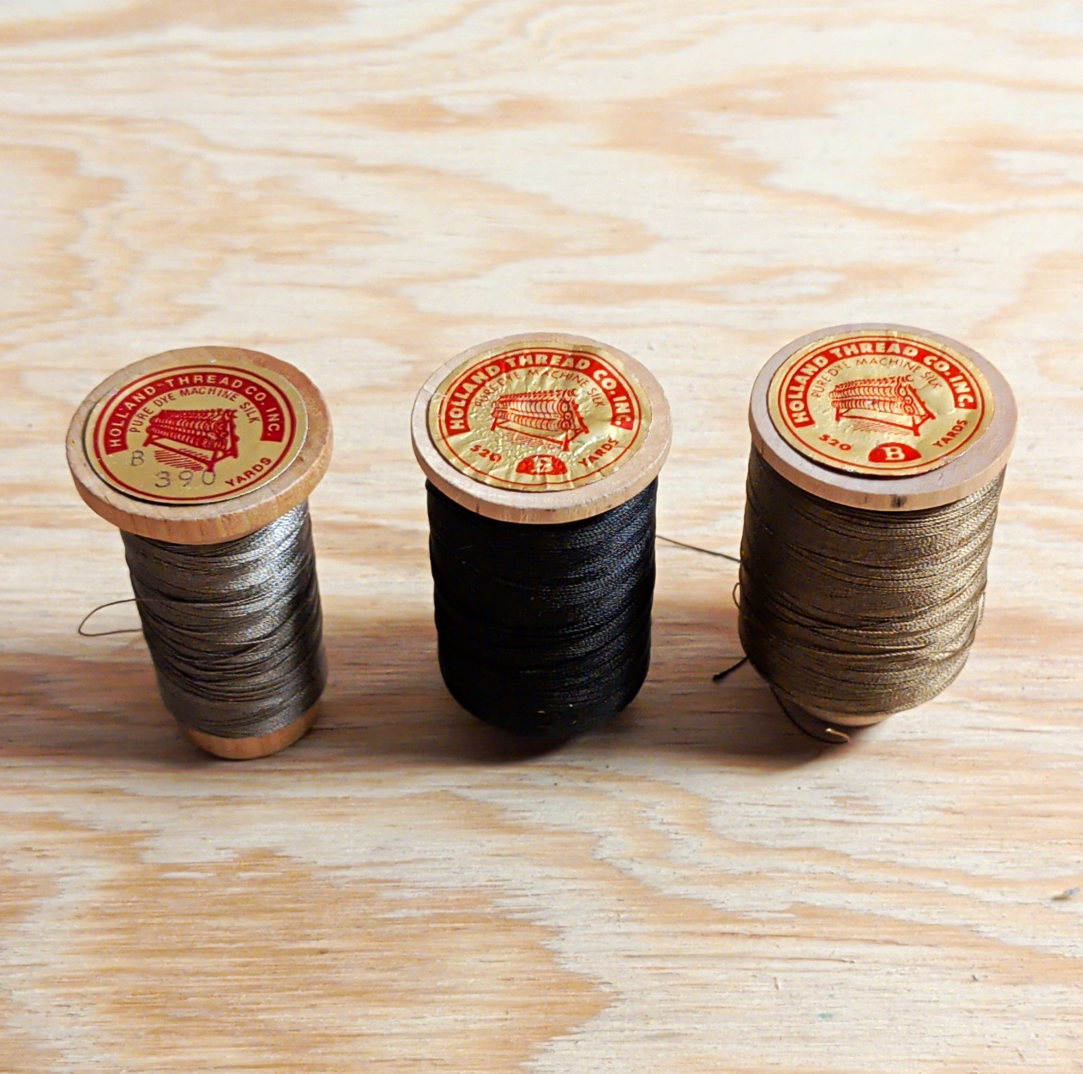 Vintage Holland Thread Co Pure Dye Machine Silk Thread Wood Spools Lot of 3 Vintage Holland Thread Co Pure Dye Machine Silk Thread Wood Spools Lot of 3