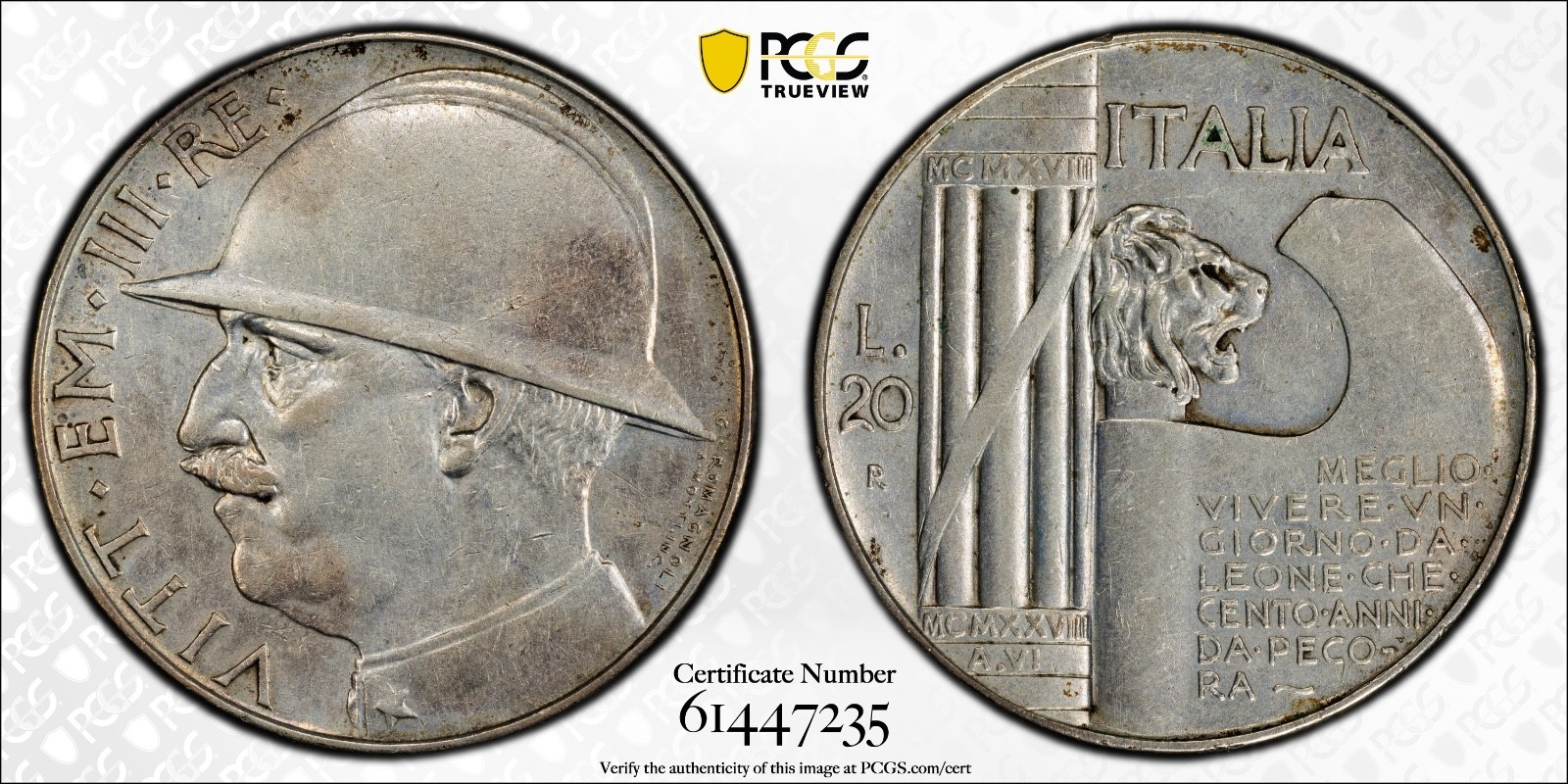ITALY 1928-R YR. VI 20 LIRE SILVER COIN, ALMOST UNCIRCULATED PCGS CERTIFIED XF45