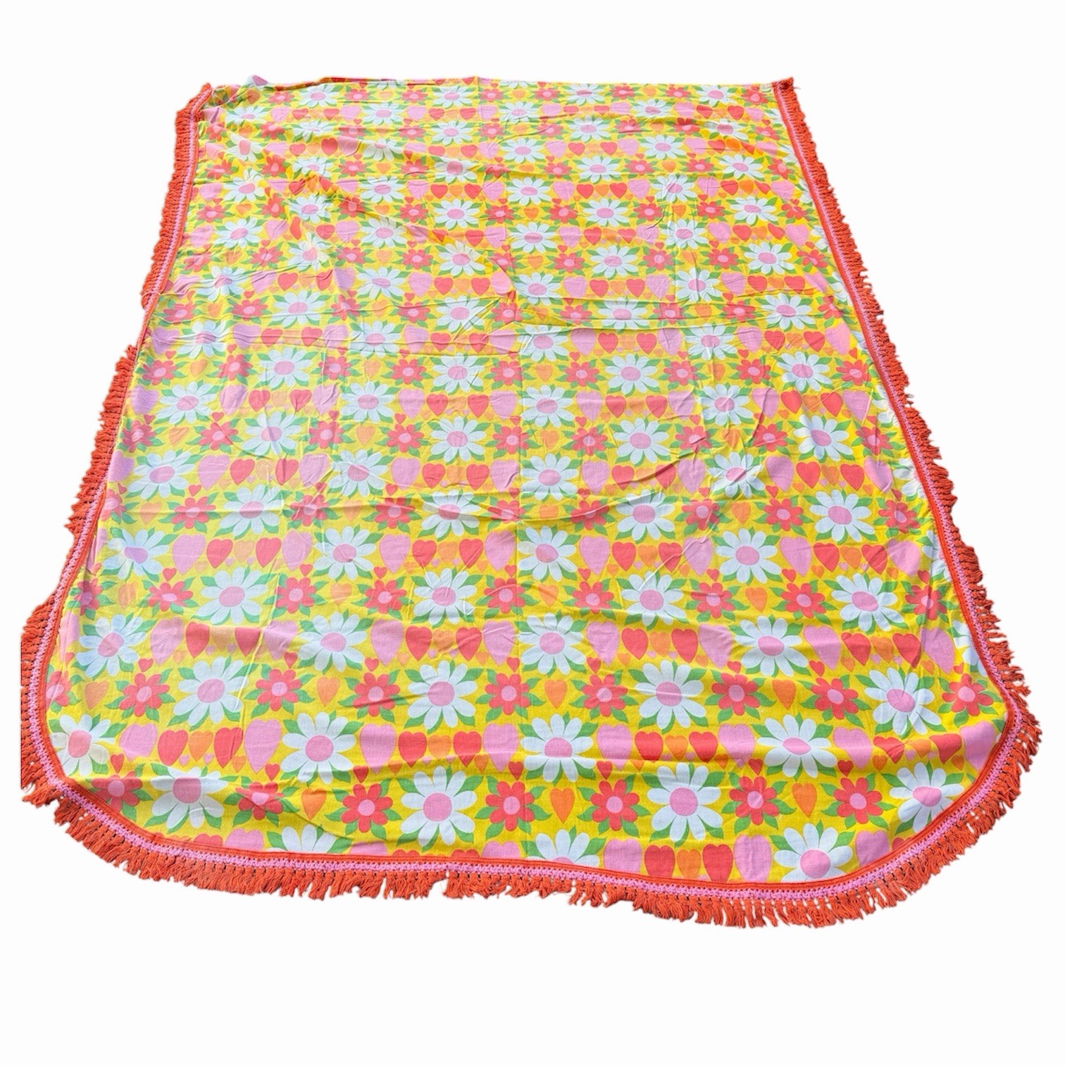 Vintage Fieldcrest Daisy Hearts Fringe Bedspread Blanket Hippie Flower 76”x102” Vintage Fieldcrest Daisy Hearts Fringe Bedspread Blanket Hippie Flower 76”x102”