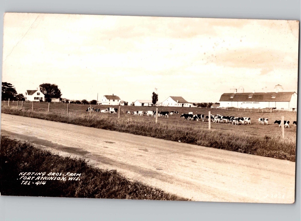 c1945 Keating Bros Farm Cows Fort Atkinson Wisconsin WI RPPC Real Photo Postcard