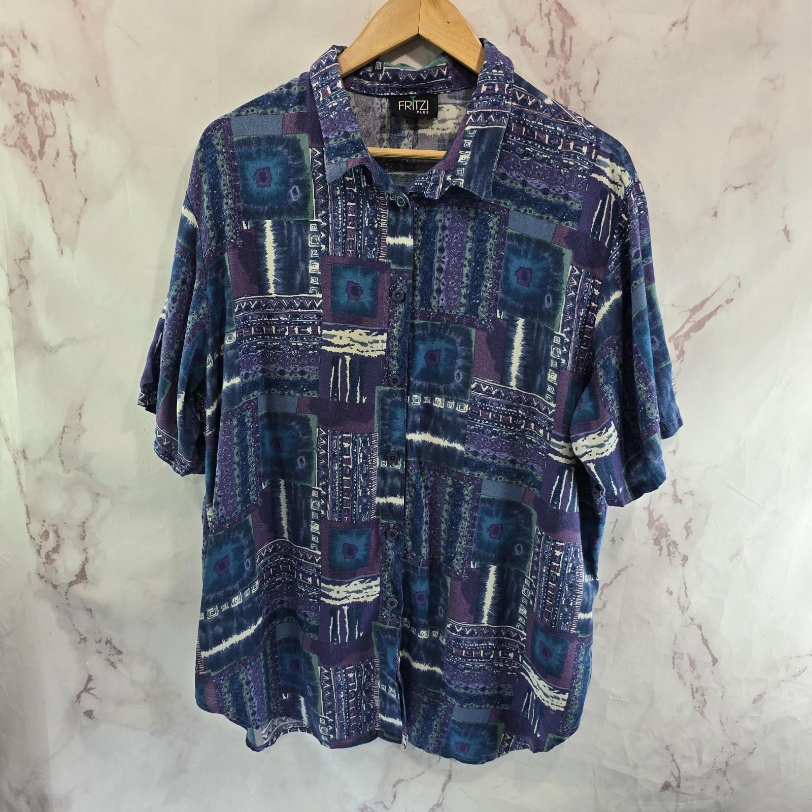 Vintage Rayon Shirt Womens 3X Blue Purple Button Up Camp Short Sleeve 80s 90s