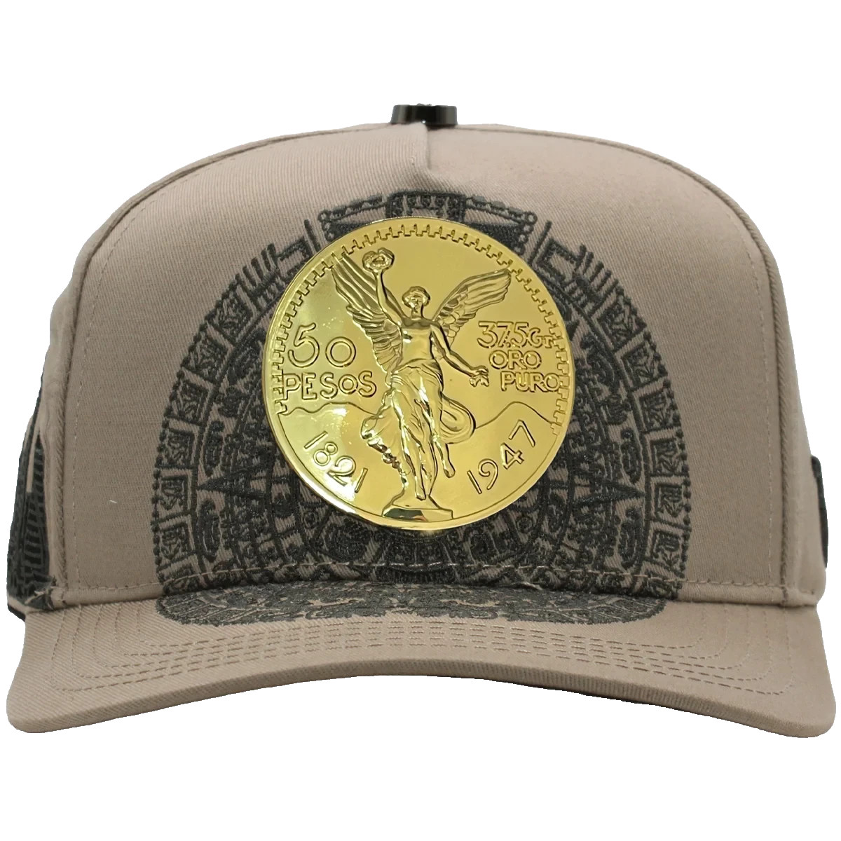 Men’s Beige El Centenario Cap – Gold 50 Pesos Coin Emblem with Aztec Pattern
