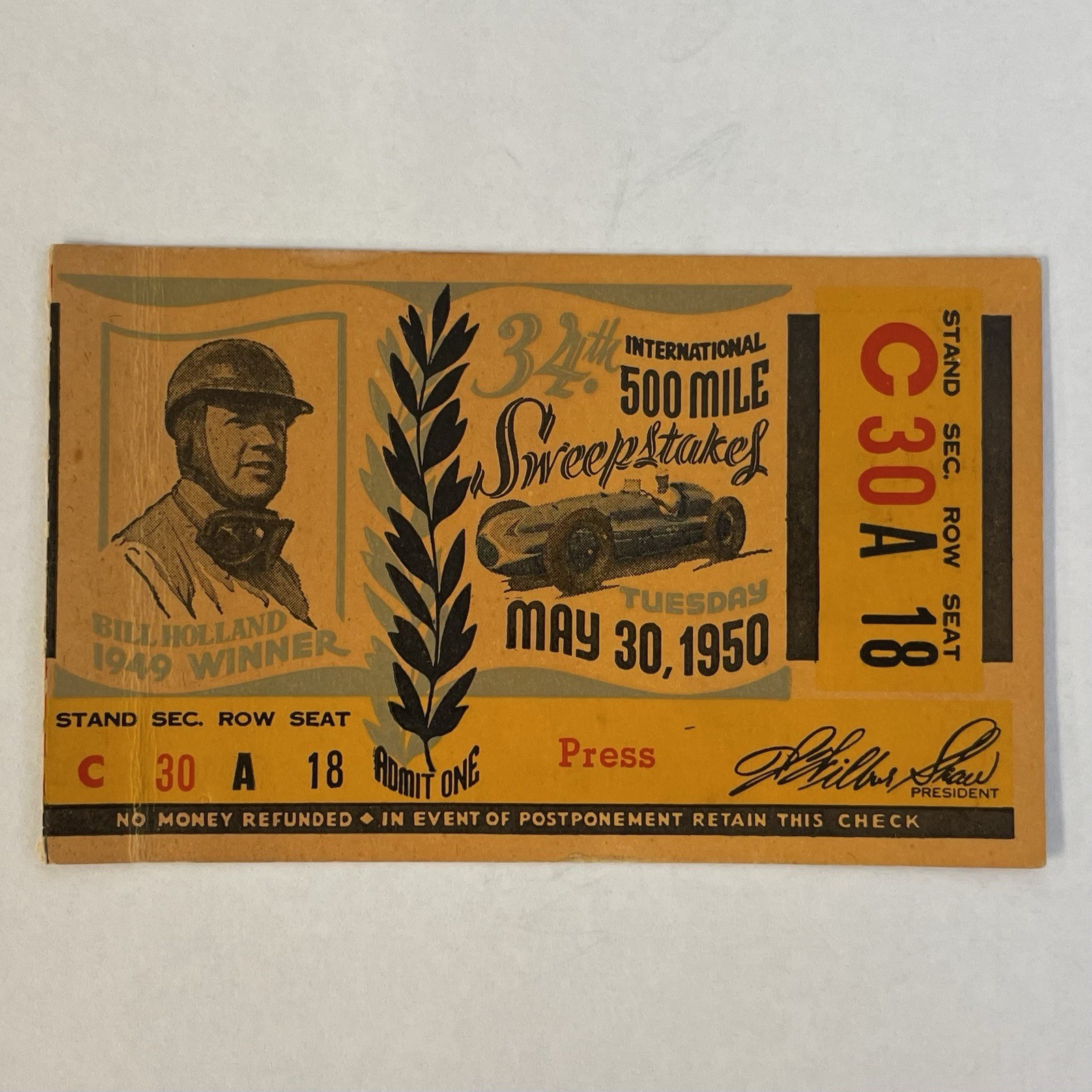 1950 Indianapolis 500 Indy 500 Press Ticket Bill Holland 34th International