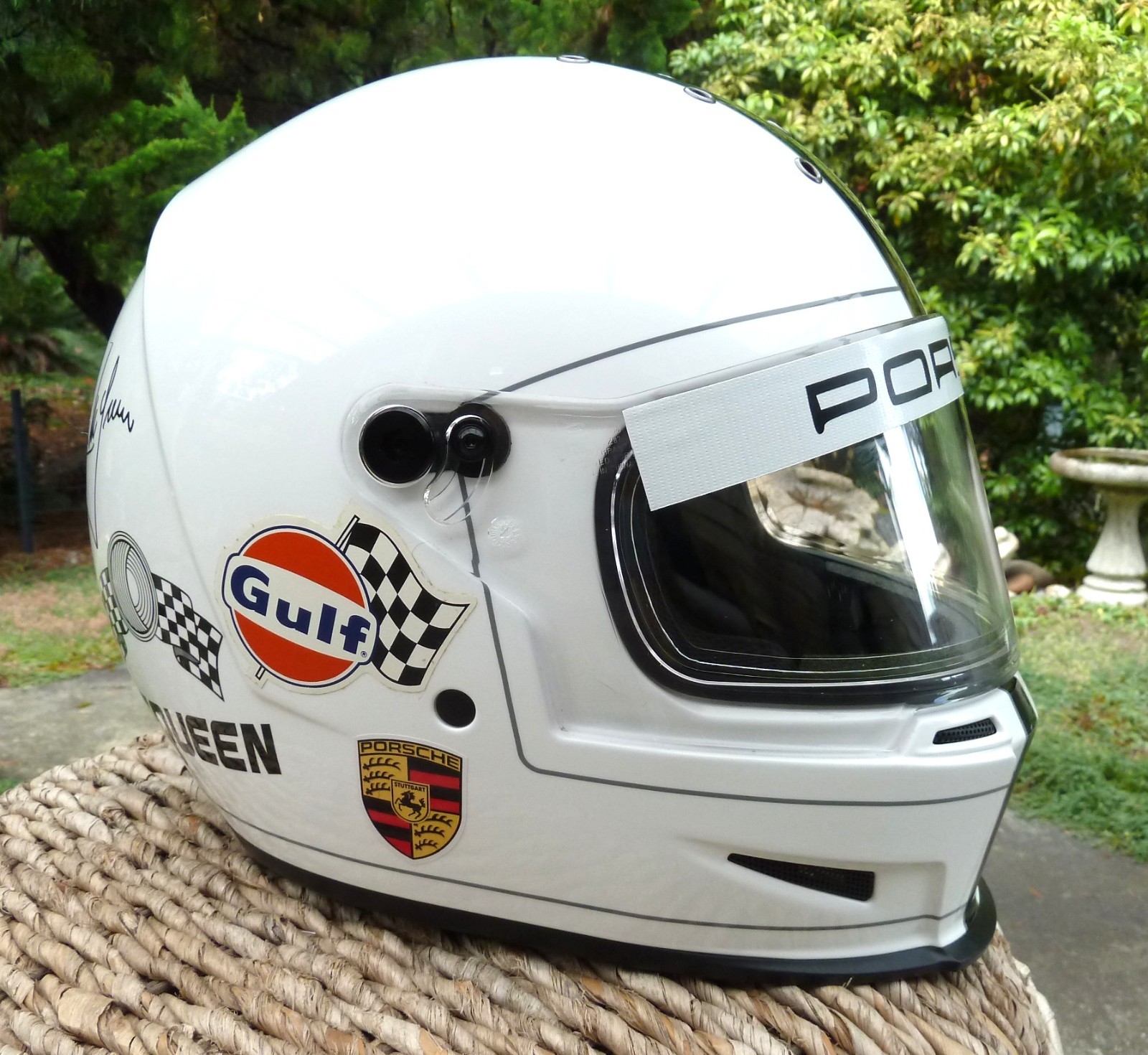 STEVE MCQUEEN, SIGNATURE LTD ED BELL ELIMINATOR GULF-PORSCHE LEMANS HELMET, XL