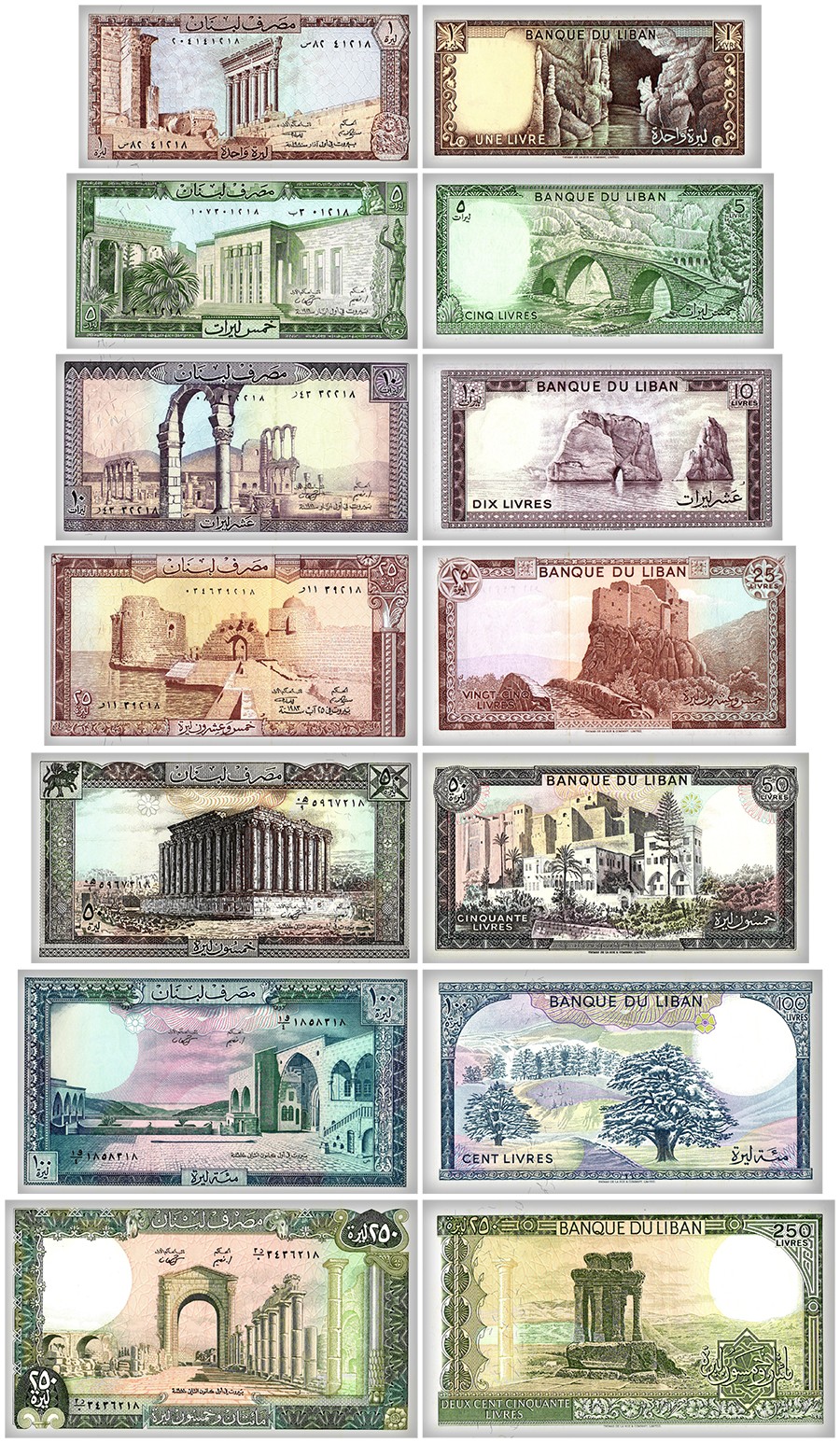 Lebanon 1-250 Livres 7 Pieces Full Set, 1980-1988, P-61-67, UNC