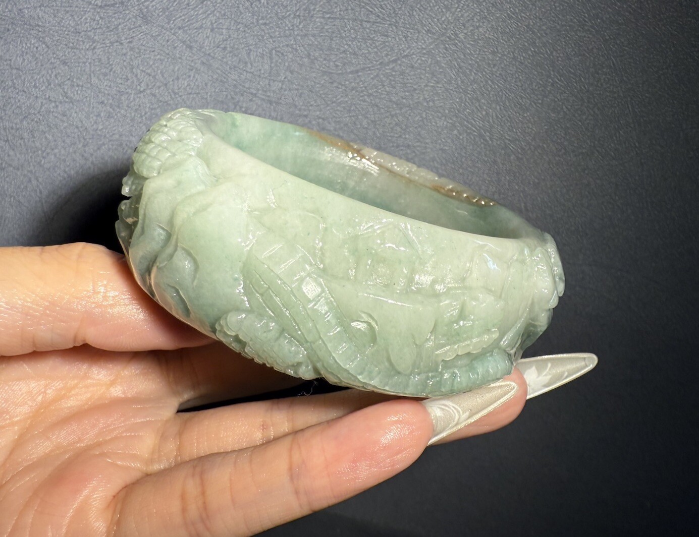 60mm Natural Mongolian Jade Bangle/Shetei Cui/Hand Carved Ink Painting