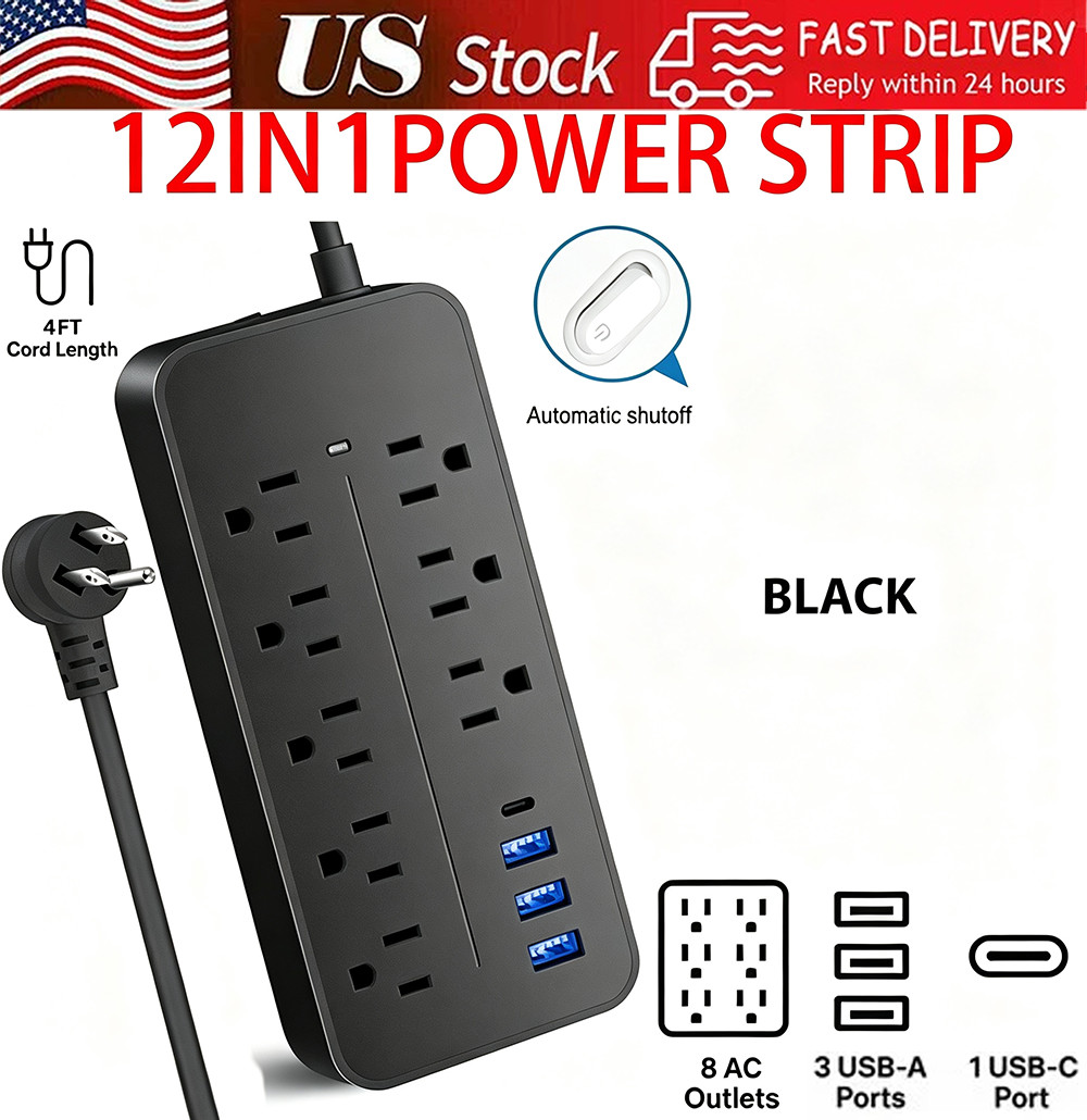 US Power Strip Surge Protector 8 AC Outlets 3 USB Ports + Type C Port 4 FT Cable US Power Strip Surge Protector 8 AC Outlets 3 USB Ports + Type C Port 4 FT Cable