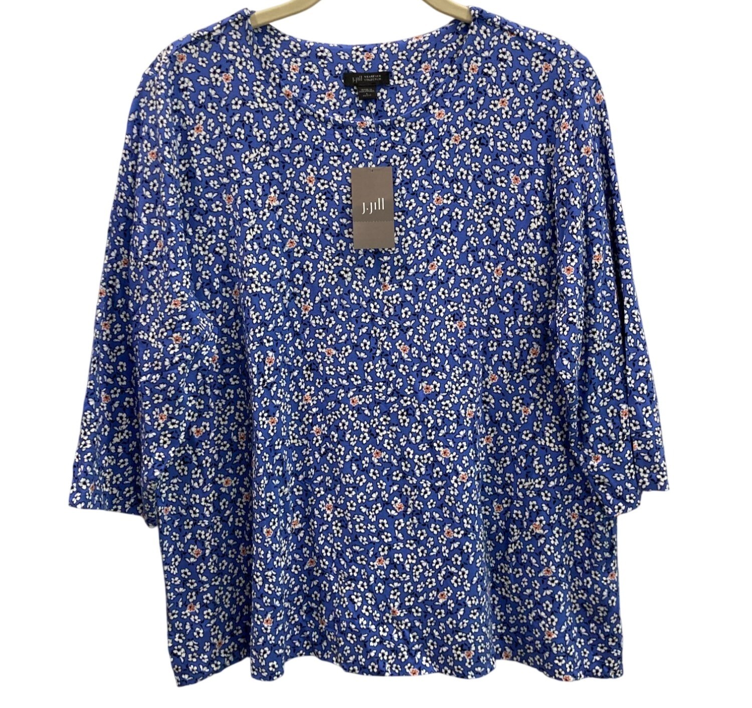 J Jill Wearever Floral Knit Blouse PL Blue Layer Brunch Festival Romantic Boho