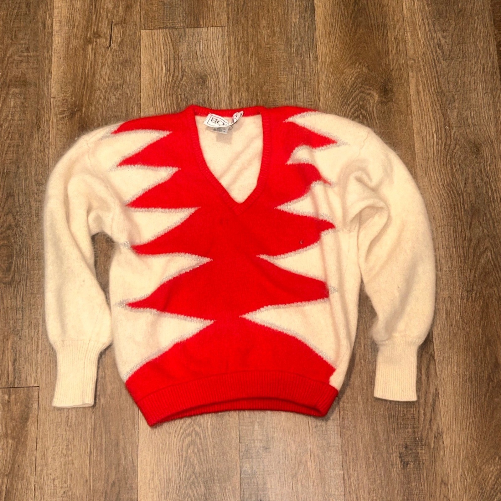 Vintage Richard & Co Angora Lambswool Rabbit Hair Starburst V-Neck Sweater Small