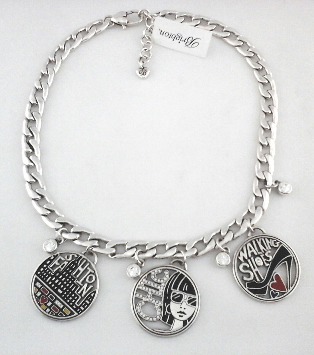 BRIGHTON Necklace FASHIONISTA City Chic Chunky SILVER Pendant w Swarovski $76